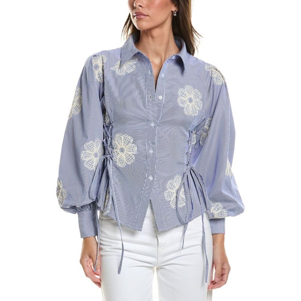 Gracia Womens  Embroidered Stripped Side Tie Long Sleeve Top, Blue